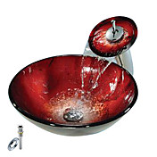 rode ronde gehard glazen vat zinken met waterval kraan, montage en water afvoer (0888-c-Bly-6439-wf)