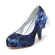 Fabric/ Lace Upper Chunky Heel Pumps With Stitching Lace/ Satin Flower Wedding Bridal Shoes