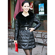 Belted Turndown Collar Long Sleeve Lambskin Leather Office Coat With Pockets