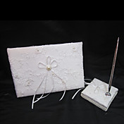 Exquisite Wedding Guest Book and Pen Set In White Satin