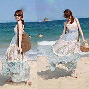 Bohemian Plaid Chiffon Strap Beach Long Dress(S=110cm,M=117cm)