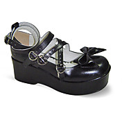 Handmade Black PU Leather 7cm Wedge Classic Lolita Shoes with Bow