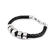 Men's Leather Bracelet with Five Titanium Steel Rings (Black)