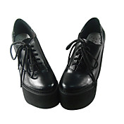 Handmade Schwarz PU Leder 14cm Wedge Low-cut Classic Lolita Schuhe mit Schnürsenkel