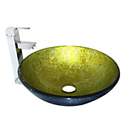 VT4241 Tempered Glass Vessel Round Sink With Pop-Up drain and Single Handle Faucet and Mounting Ring