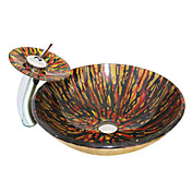 VT4219 hærdet glas Vessel Round Sink med pop-up afløb og vandfald vandhane og monteringsringen