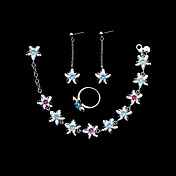 Set de beaux bijoux en argent plaqué femmes fleur de cristal, y compris bracelet, bague, boucle d'oreille
