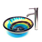 VT4233 Tempered Glass Vessel Round Sink With Single Handle Faucet and Mounting Ring and Pop-Up drain