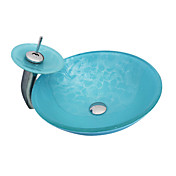 4252 Tempered Glass Vessel Round Sink With Waterfall Faucet and Mounting Ring and Pop-Up Drain
