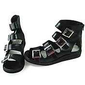 Handmade Black PU Leather 3cm Wedge Casual Lolita Sandals