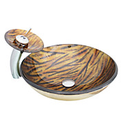 VT4216 Tempered Glass Vessel Round Sink With Waterfall Faucet and Pop-Up drain and Mounting Ring