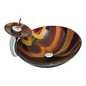 4251 Tempered Glass Vessel Round Sink With Waterfall Faucet and Pop-Up Drain and Mounting Ring