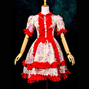 Floral Short Sleeve Knee-length Red Satin Sweet Lolita Dress