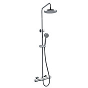 Thermostatic Chrome Finish Contemporary Wall Mount Shower Faucet with 8 Inch Shower Head and Hand Shower