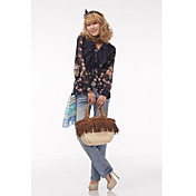 Women's Tassels Bow Contrast Color Woven Tote