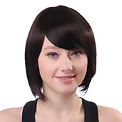Capless Short Brown Wavy 100% Human Hair Side Bang Wigs