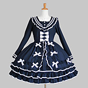 Long Sleeve Knee-length Ink Blue Cotton School Lolita Dress