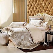4 PCS Beige Floral Cotton Jacquard completo / reina duvet cover set