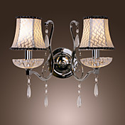 80W Modern Wall Light with Chandelier Feature Arm and 2 Pleated Fabric Shades in Crystal Plate Design