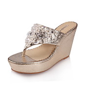 Fashion Leatherette Wedge Heel Filp Flops With Rhinestone Casual Shoes(More Colors)