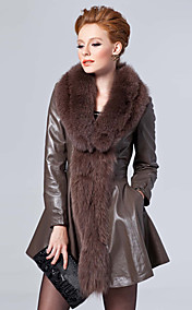 Stunning Long Sleeve Fox Fur Shawl Collar Lambskin Leather Casual/Party Coat (More Colors)