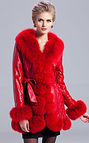 Awesome Long Sleeve Fox Fur Shawl Collar Lambskin Leather Casual/Party Coat (More Colors)