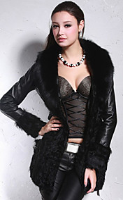 Long Sleeve Fox Fur Shawl Collar Lambskin Leather With Lamb Fur Casual/Party Coat