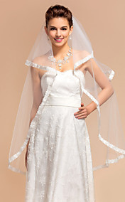 Two-tier Fingertip Wedding Veils With Lace Applique Edge