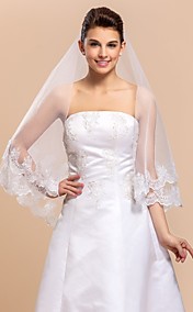 One-tier Tulle Lace Applique Edge Elbow Wedding Veil With Embroidery
