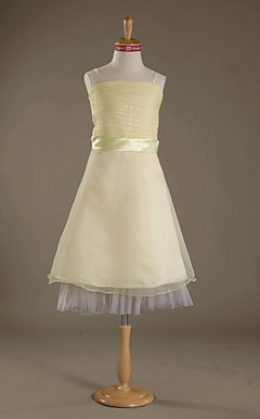 A-line Spaghetti Straps Knee-length Satin Organza Junior Bridesmaid Dress