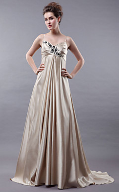 A-line Empire Spaghetti Straps Sweep/ Brush Train Satin Wedding Dress