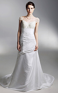 A-line Off-the-shoulder Court Train Taffeta Side-draped Wedding Dress