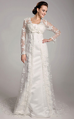 Sheath/Column Court Train Satin Lace Wedding Dress