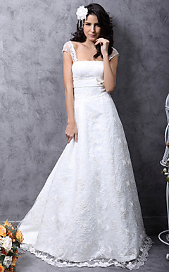 Princess A-Line Court Train Satin Lace Wedding Dress