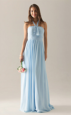 Sheath/ Column Halter Floor-length Chiffon Over Elastic Satin Bridesmaid/ Wedding Party Dress