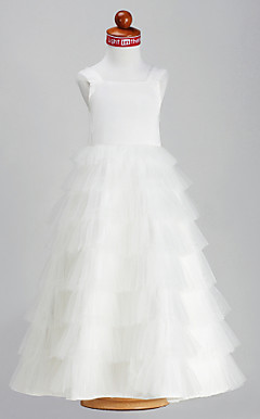 A-line Princess Straps Square Ankle-length Satin Tulle Flower Girl Dress