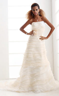 A-line Strapless Court Train Organza Tiered Wedding Dress with 3D Flowers