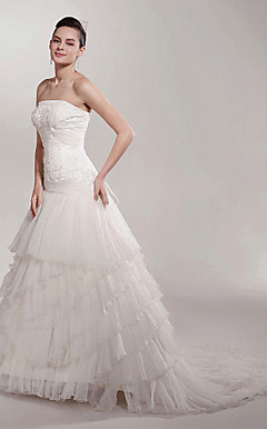 A-line Strapless Court Train Satin Organza Tiered Wedding Dress