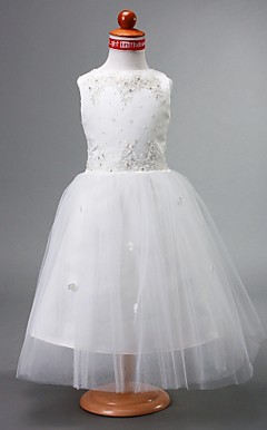 A-line Bateau Ankle-length Satin Flower Girl Dress