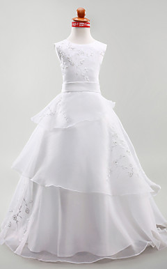 A-line Jewel Floor-length Satin Organza Flower Girl Dress