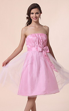 A-line Strapless Knee-length Taffeta Tulle Bridesmaid Dress