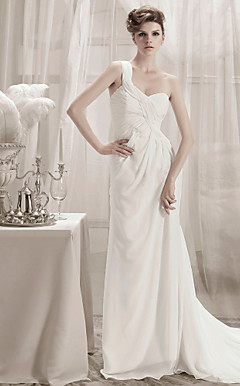 Sheath/Column One Shoulder Chapel Train Chiffon Wedding Dress