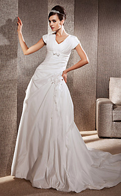 A-line V-neck Short Sleeves Chapel Train Taffeta Wedding Dress