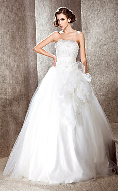 Ball Gown Strapless Floor-length Tulle Wedding Dress With Flowers