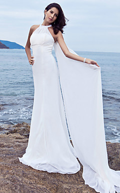 Sheath/Column Halter Watteau Train Chiffon Satin Wedding Dress