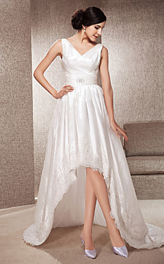 A-line V-neck Asymmetrical Court Train Taffeta And Lace Wedding Dress