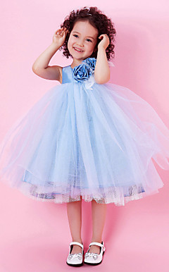 A-line Square Tea-length Satin Organza Flower Girl Dress