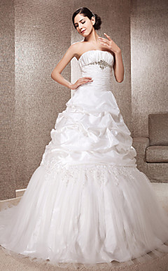 A-line Strapless Court Train Taffeta And Tulle Wedding Dress