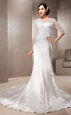 Trumpet/Mermaid V-neck Court Train Elastic Woven Satin And Lace Wedding Dress