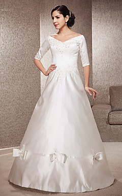 A-line Off-the-shoulder Floor-length Satin Wedding Dress